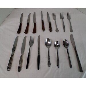 Stainless Steel Flatware Lot of 16 Assorted Brands & Mixed Forks Knives & Spoons